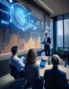Firefly in front of Digital Marketing projection screen during training meeting 54621